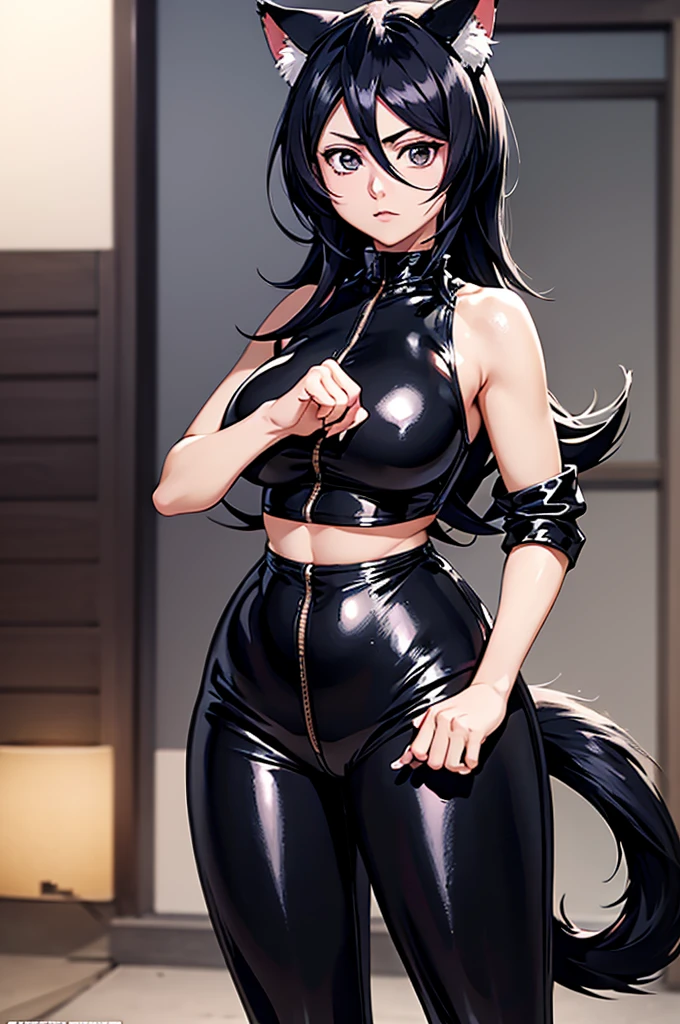 make an image with the style of boku no hero:  a woman with a perfect toned and curvy body, with cat ears and a cat tail with black colors, huge black hair, long hair, eyes pink shiny, tight black latex outfit, black latex jumpsuit, with an expression like a wicked cat and she is a morning.