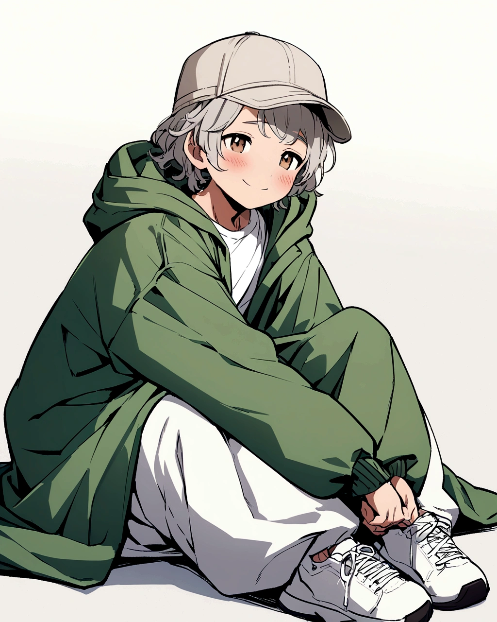 A digital anime-style illustration of a boy with long, wavy gray hair. He is wearing a light brown baseball cap and a loose, oversized green jacket over a white T-shirt. The boy is sitting cross-legged on the floor, with his hands resting in his lap. His outfit is completed with black, baggy pants and white sneakers. The background is plain and light-colored. The boy has a gentle smile and blush on his cheeks, giving a warm and friendly expression."