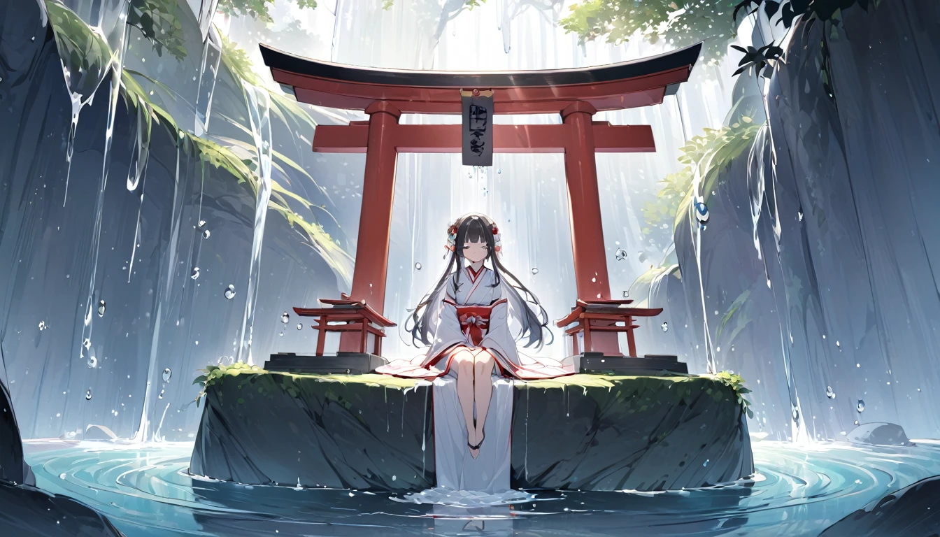 A Japanese shrine maiden meditates in a beautiful and mysterious cave dripping with water drops.