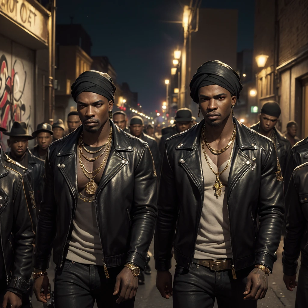 (masterpiece, high resolution, photorealistic:1.3), large group of 100 black gangsters, all looking at the audience, (confused expressions:1.2), urban setting, (detailed street background:1.1), diverse fashion styles, leather jackets, gold chains, bandanas, graffiti-covered walls, nighttime, dim streetlights, subtle shadows, dynamic composition, vibrant details, intense atmosphere.
