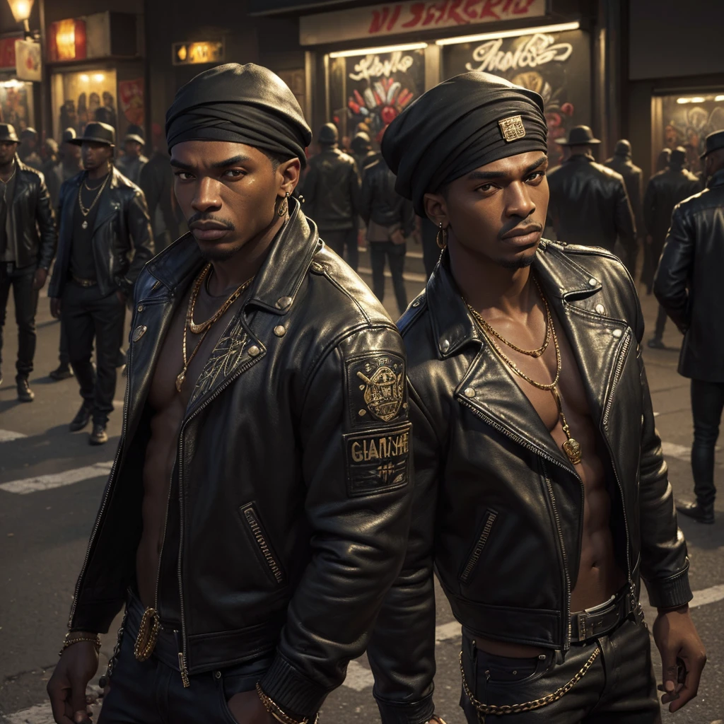 (masterpiece, high resolution, photorealistic:1.3), large group of 100 black gangsters, all looking at the audience, (confused expressions:1.2), urban setting, (detailed street background:1.1), diverse fashion styles, leather jackets, gold chains, bandanas, graffiti-covered walls, nighttime, dim streetlights, subtle shadows, dynamic composition, vibrant details, intense atmosphere.
