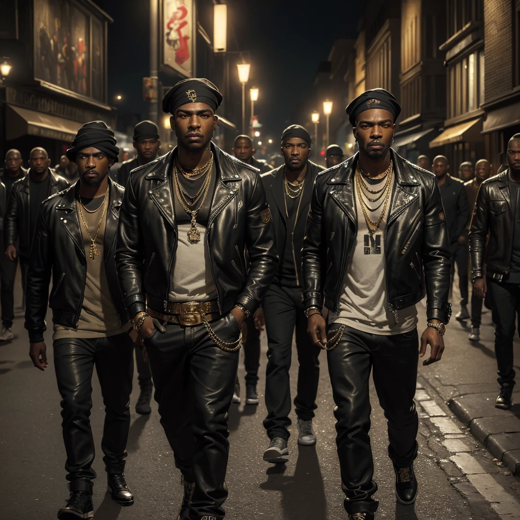 (masterpiece, high resolution, photorealistic:1.3), large group of 100 black gangsters, all looking at the audience, (confused expressions:1.2), urban setting, (detailed street background:1.1), diverse fashion styles, leather jackets, gold chains, bandanas, graffiti-covered walls, nighttime, dim streetlights, subtle shadows, dynamic composition, vibrant details, intense atmosphere.