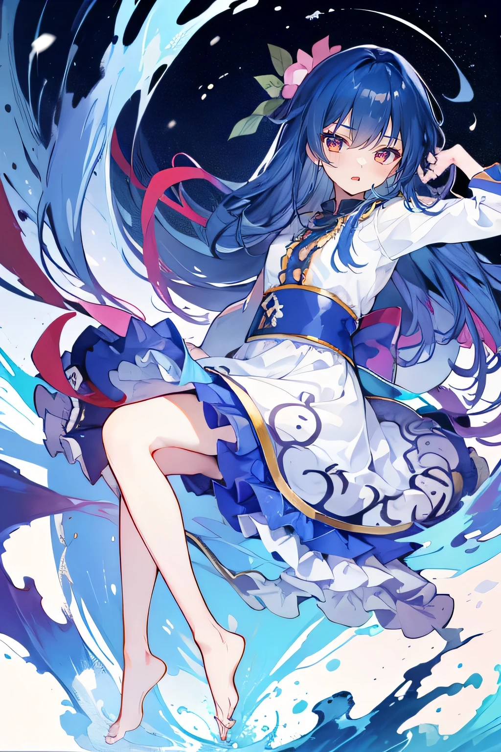 (masterpiece:1.2),Super detailed,lifelike,Expressive eyes,fair skin,perfect face shape,1 girl,
Japanese comics,Gorgeous blue hair,flowing blue hair,flowing clothes,Petals fall,beautiful lola,Baby Angel,
Shaking head with one hand,Cross your legs,Gentle and peaceful background,The pavilion is cool and comfortable,smile, wearing hoodie, background of tokyo,back views,snowing, winter,lie on the water. dark blue gradient hair,asymmetrical hair,((Hair is very thick 1.8,Chiseled hair 1.6)), Hair over the shoulders, Messy hair, Very long hair, shiny hair,(long dark blue hair:1.2),A beautiful girl,(Transparent clothes transparent 1.8),Perfect body,Big thin legs,slender,(Looks very sad,Looks haggard ,sadness,shut your mouth:1.2) Against the backdrop of an unusually bright dark starry sky,(Put your hands behind your back),(round,Room, Strong breasts),barefoot,float,water surface,(long legs,long legs,long legs,Complete)
