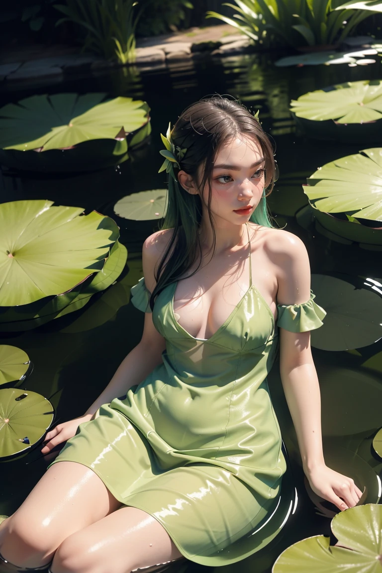 a woman in a pond with lily pads in the water, in a pond, standing in a pond, floating in a powerful zen state, nymph in the water, sitting in a reflective pool, floathing underwater in a lake, sitting at a pond, in water up to her shoulders, the hair floats on the water, in a lake, in the water