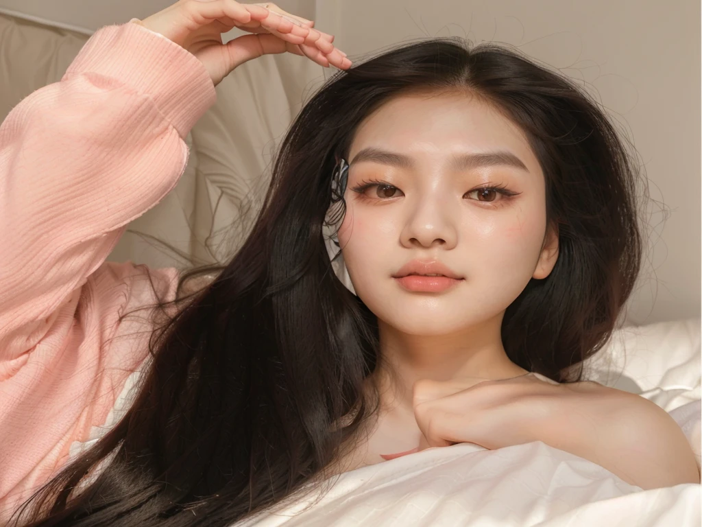 Araffe Asian woman with long black hair lying on the bed, jennie pink black, ulzzang, beautiful south korean woman, Beautiful young Korean woman, young and adorable korean face, korean girl, Beautiful young Korean woman, pale korean adorable face, Young cute pale asian face, with round face, south east asian with round face, Korean face features, pale round face