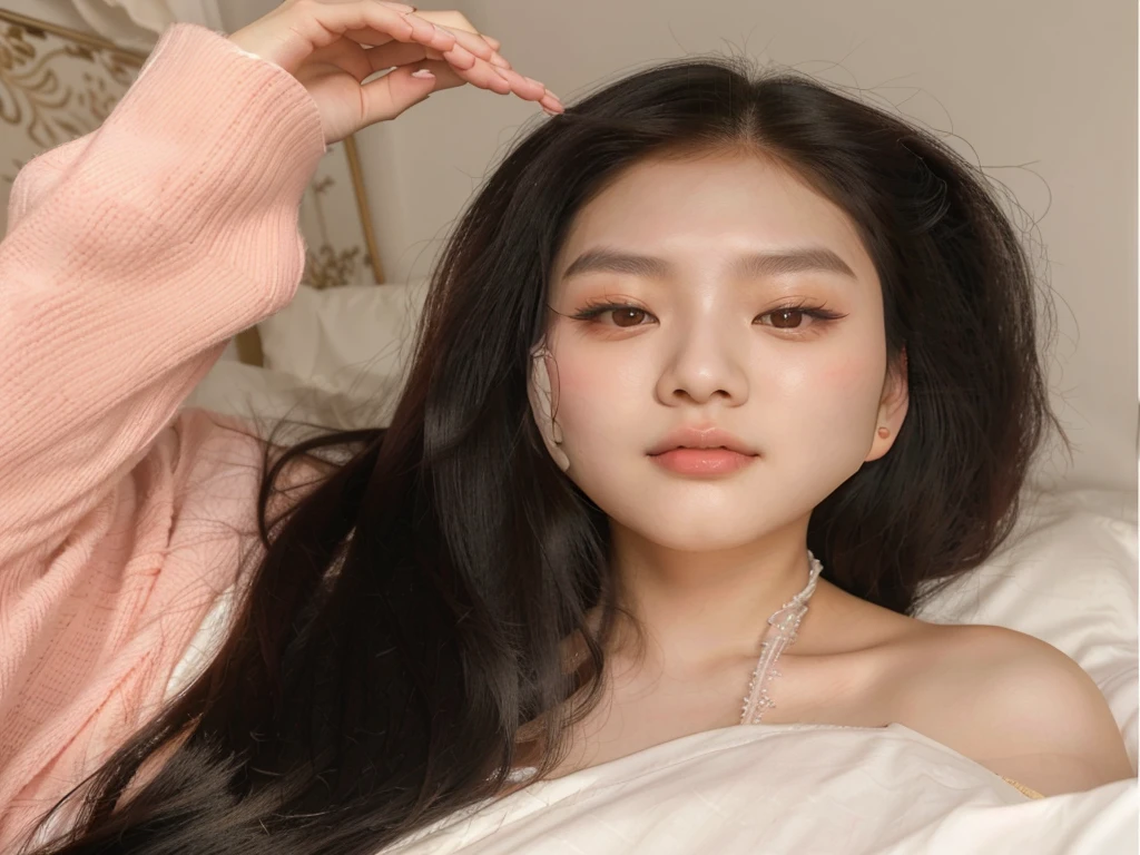 Araffe Asian woman with long black hair lying on the bed, jennie pink black, ulzzang, beautiful south korean woman, Beautiful young Korean woman, young and adorable korean face, korean girl, Beautiful young Korean woman, pale korean adorable face, Young cute pale asian face, with round face, south east asian with round face, Korean face features, pale round face