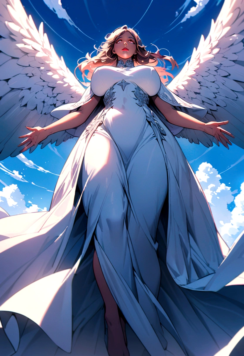 Big Breasts Angel, Wearing a gorgeous dress that covers the whole body, Floating in the air, angel wings, outdoor, detailed face, detailed eyes, detailed lips, detailed nose, full body shot from below