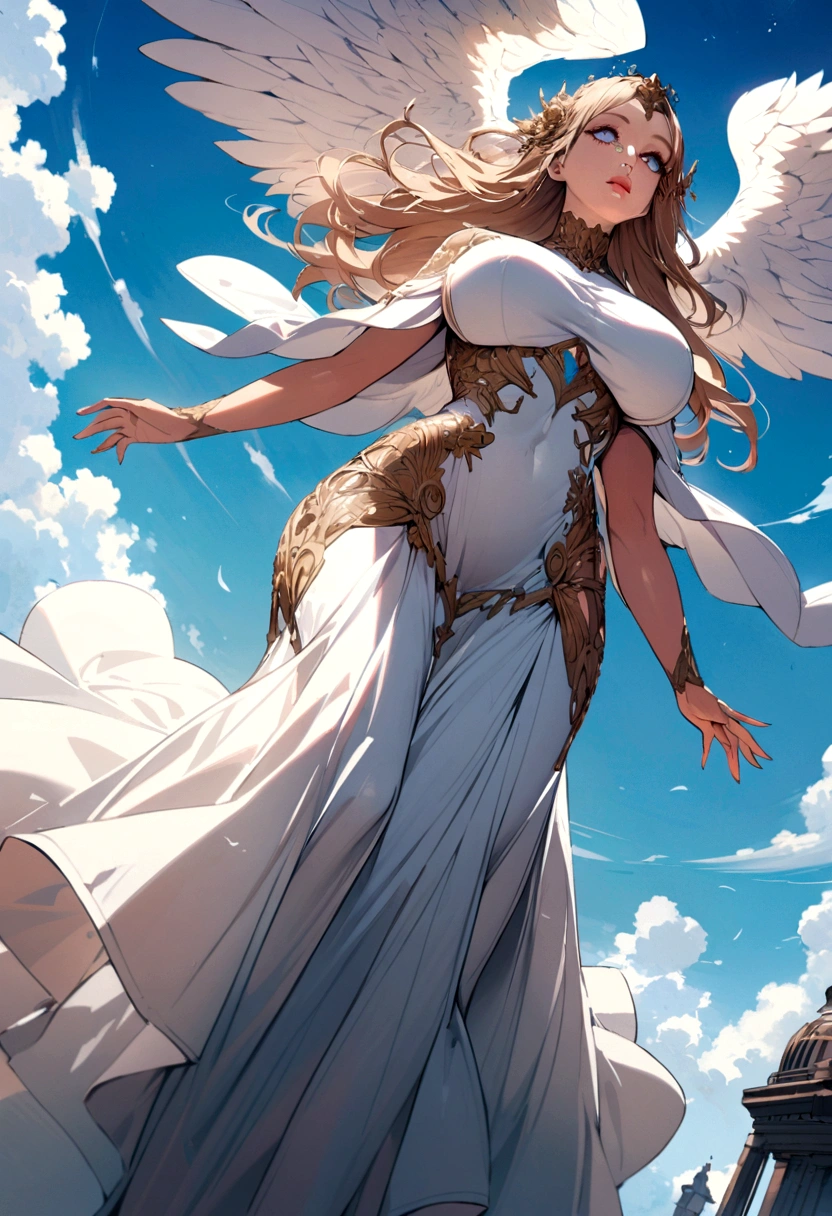 Big Breasts Angel, Wearing a gorgeous dress that covers the whole body, Floating in the air, angel wings, outdoor, detailed face, detailed eyes, detailed lips, detailed nose, full body shot from below