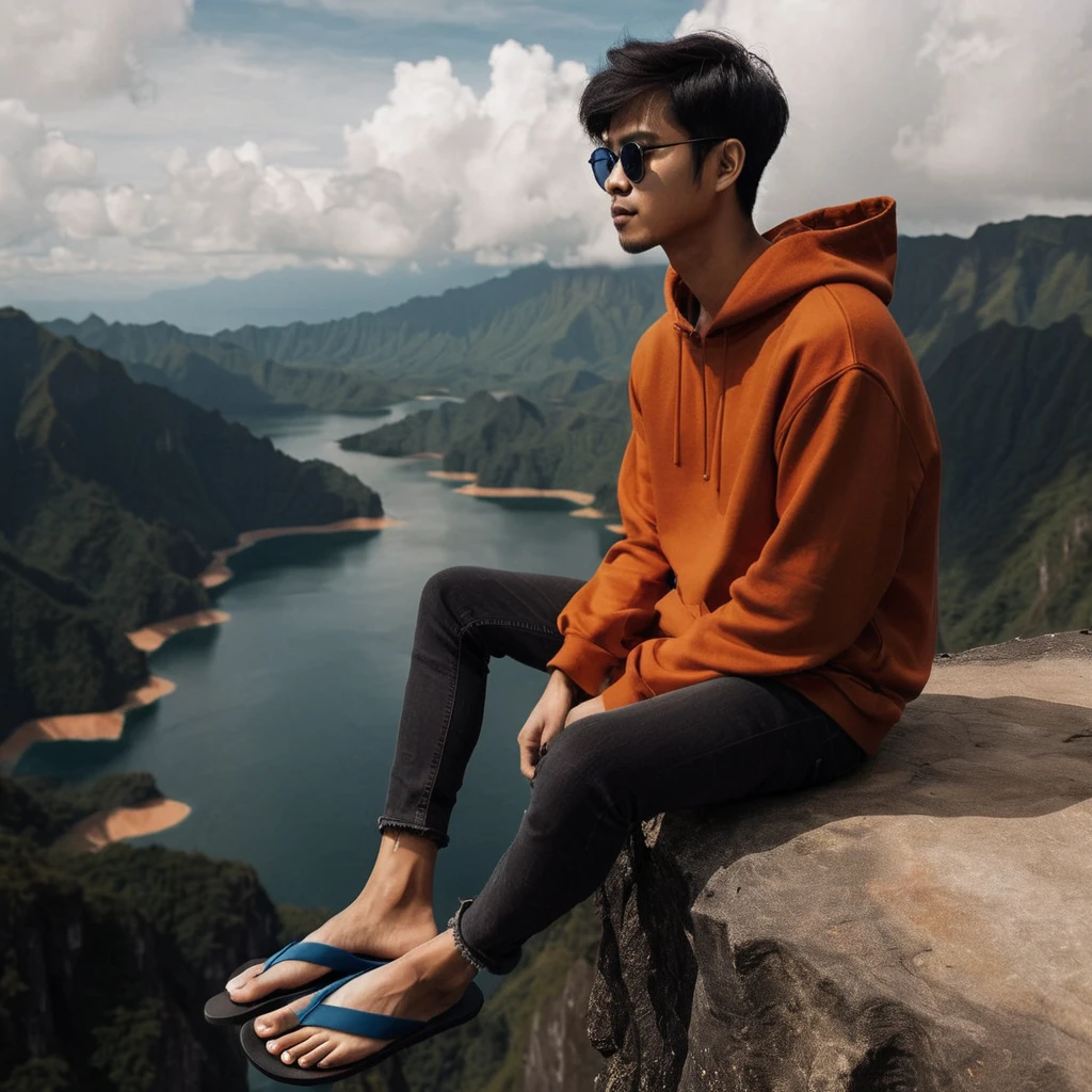 realistic photo, a 27 year old Indonesian man with a thin body, very short hair, wearing an orange hoodie, wearing long black jeans, wearing blue flip-flops, wearing sunglasses, sitting sideways on the edge of a cliff, you can see a mountain, beautiful lakes and natural views, daytime atmosphere