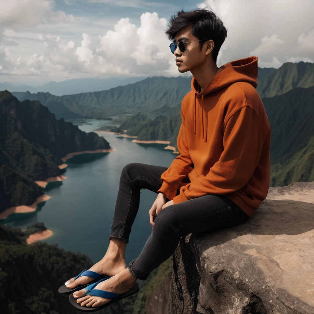 realistic photo, a 27 year old Indonesian man with a thin body, very short hair, wearing an orange hoodie, wearing long black jeans, wearing blue flip-flops, wearing sunglasses, sitting sideways on the edge of a cliff, you can see a mountain, beautiful lakes and natural views, daytime atmosphere 