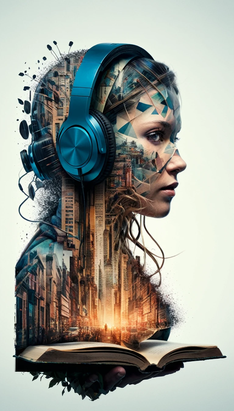 Mysterious woman wearing headphones, silhouette in a book., by Minjae Lee, Carne Griffiths, Emily Kell, steve mccurry, Geoffroy Thoorens, Aaron Horkey, Jordan Grimmer, greg rutkowski, amazing depth, double exposure, Surreal, Geometric patterns, intricately detailed, bokeh, perfect balanced, deep and thin borders, artistic photorealism , seeds, Great masterpiece from the immediate engineering manager.