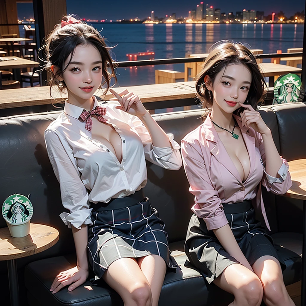 (A girl in a blazer uniform ((White blouse with formal collar, Pink Blazer, 
Blue Check Skirt, Red checkered ribbon on blouse)), Complete limbs, Full Finger,)


High-resolution images, Atmospheric perspective, 8K, Super detailed, Accurate, Highest quality, Angle from below the table, woman, ((smile)), In the city, busy, (((skyscraper))),High heels, Shoulder bag, necklace, restaurant with big windows, Take a seat, (Other customers), (((night景, You can see the view of the harbor from the window))), food, Put your hair up,(((((Starbucks Coffee)))))((((Three Women))))(((night)))
((((Emphasize cleavage))))(A girl in a blazer uniform ((White blouse with formal collar, Pink Blazer, 
Blue Check Skirt, Red checkered ribbon on blouse)), Complete limbs, Full Finger,)


High-resolution images, Atmospheric perspective, 8K, Super detailed, Accurate, Highest quality, Angle from below the table, woman, ((smile)), In the city, busy, (((skyscraper))),High heels, Shoulder bag, necklace, restaurant with big windows, Take a seat, (Other customers), (((night景, You can see the view of the harbor from the window))), food, Put your hair up,(((((Starbucks Coffee)))))((((Three Women))))(((night)))
((((Emphasize cleavage))))