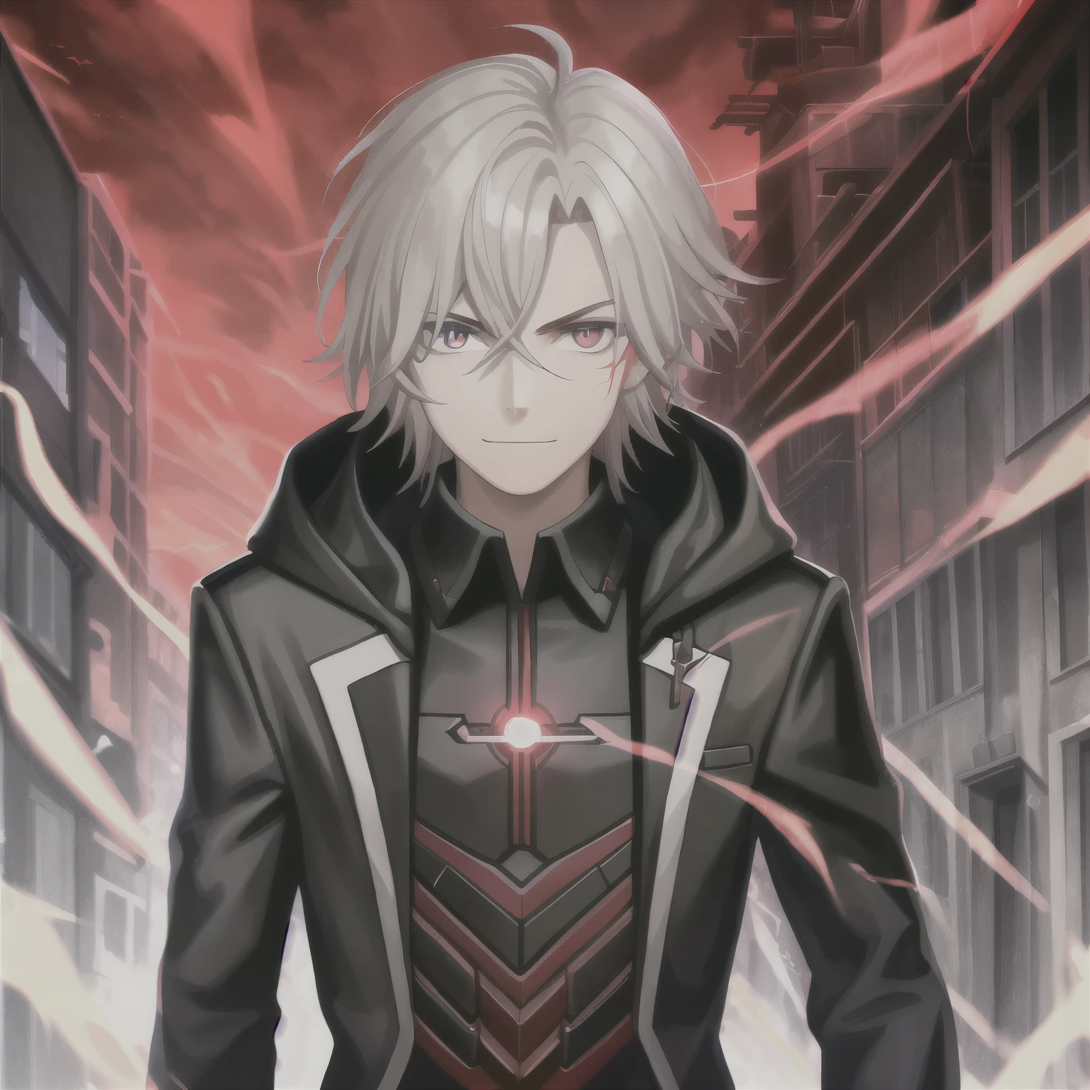 (high-quality, breathtaking),(expressive eyes, perfect face) portrait, Symmetrical Eyes, 1boy, male, teenager, solo, looking at viewer, portrait, simple background, white background, apocalyptic theme, ruined city buildings, alleyway, allen walker, red eye color, white hair, scar, facial mark, halfbody shot, medium hair length, shoulder length hair, confident expression, charming, black and red jacket, hood, red trim, smirk, cyberpunk clothing, Abzu
