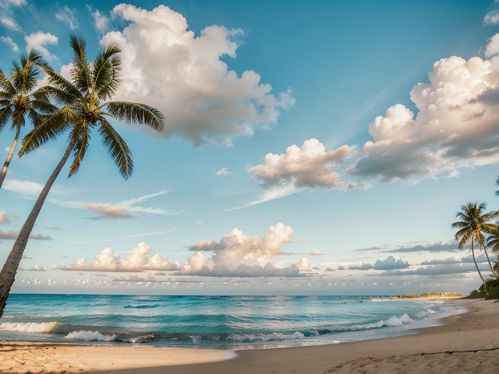 a beautiful tropical beach with palm trees,ocean waves,sandy shore,blue sky,fluffy white clouds,golden sunlight,warm atmosphere,peaceful and serene