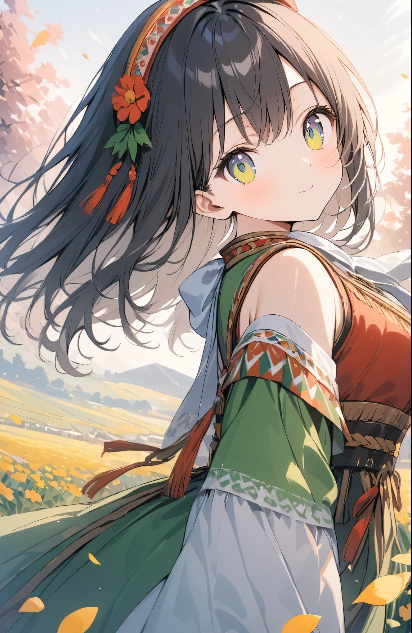 Golden Ratio,Very detailed、Very absurd、超High resolution, Attention to detail, high quality, High resolution, 最high quality, 4K, 8K,Black Hair,Emerald Eyes,one Girls,Flower field background、Petals flutter、arched back、full body,((Bulgarian national costume、Sukuman)),(A portrait of a person wearing a white scarf on their head.),(Red and green clothes)