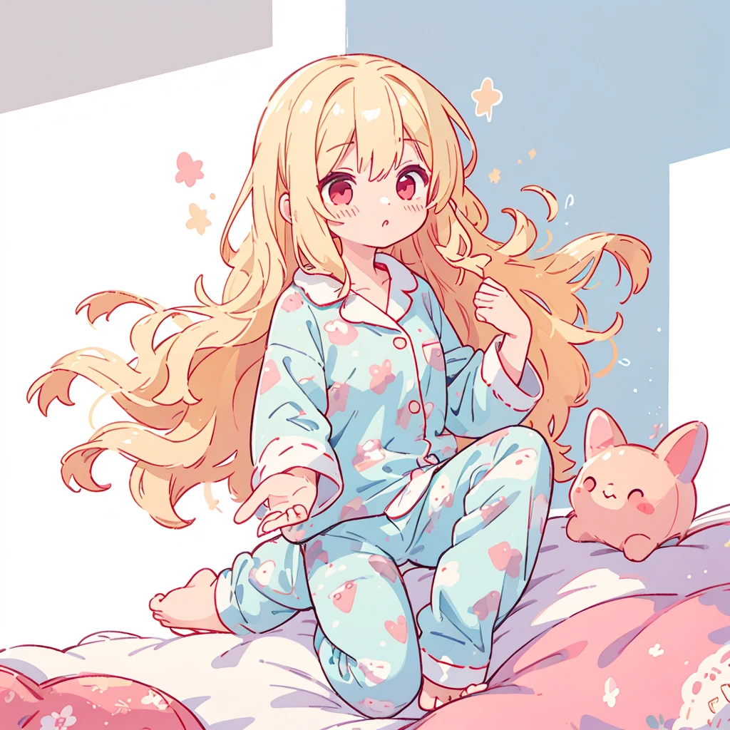 Blonde、Wavy hair、Long Hair、Red eyes、
pajamas、