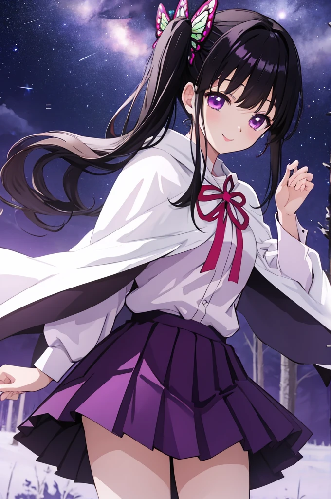 (masterpiece:1.3), (best quality:1.1), (8k, ultra detailed, ultra high res:1.2), ((anime style)), perfect 5 fingers, perfect anatomy, 
1girl,
Kanao Tsuyuri, 
BREAK long hair, side ponytail, 
black hair, 
purple eyes, empty eyes, 
butterfly hair ornament, 
(medium breasts:0.9),  
BREAK purple shirt, pleated purple skirt, long sleeve, white cape, 
smile, 
looking at viewer, 
cowboy shot, 
perfect light, 
waving, outdoors, forest, field, night, night sky, starry sky,