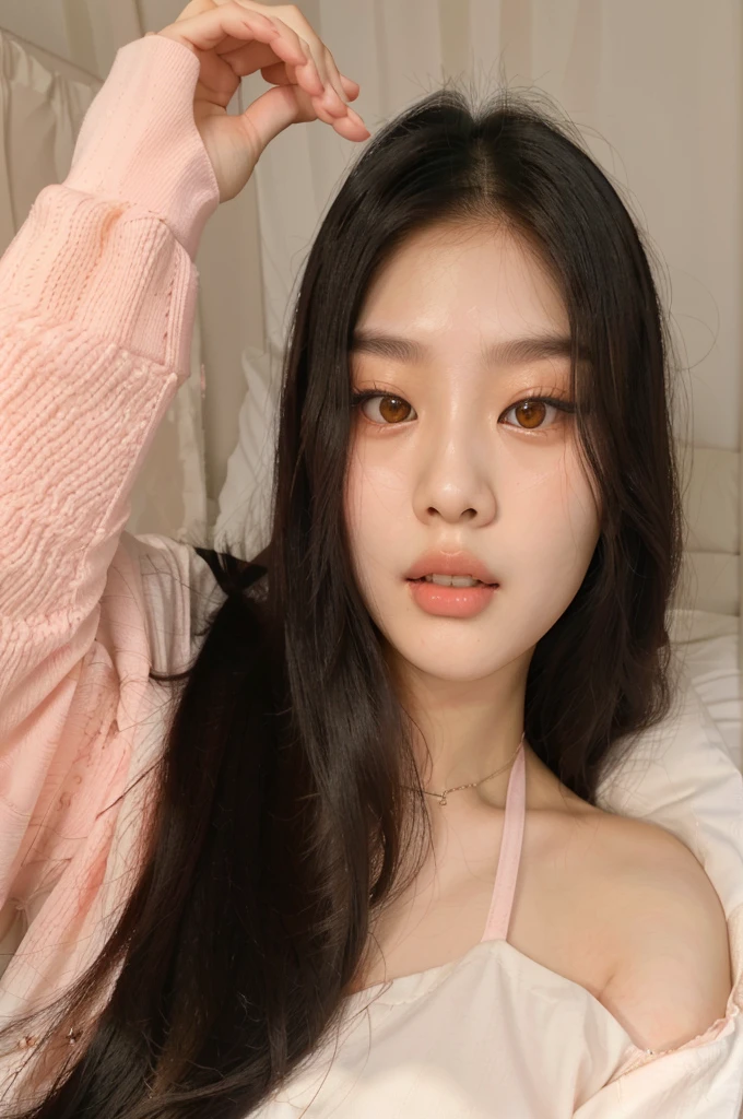 Araffe Asian woman with long black hair lying on the bed, jennie pink black, ulzzang, beautiful south korean woman, Beautiful young Korean woman, young and adorable korean face, korean girl, Beautiful young Korean woman, pale korean adorable face, Young cute pale asian face, with round face, south east asian with round face, Korean face features, pale round face