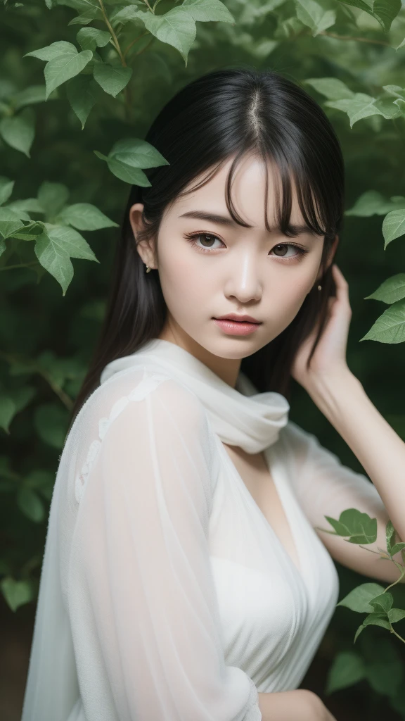 European girl,(8k, RAW photo, best quality, masterpiece:1.2), (realistic, photo-realistic:1.37),1 girl, full body photo, black hair, flowing hair, hazy beauty, extremely beautiful facial features, white embroidered dress, hairpins on her head, lying in a flower bush, hand dragging chin, perfect hand, white flower, (spring, rainy day, terraces, mountains), simple vector art, contemporary Chinese art, soft light, entangled scarf, overlook