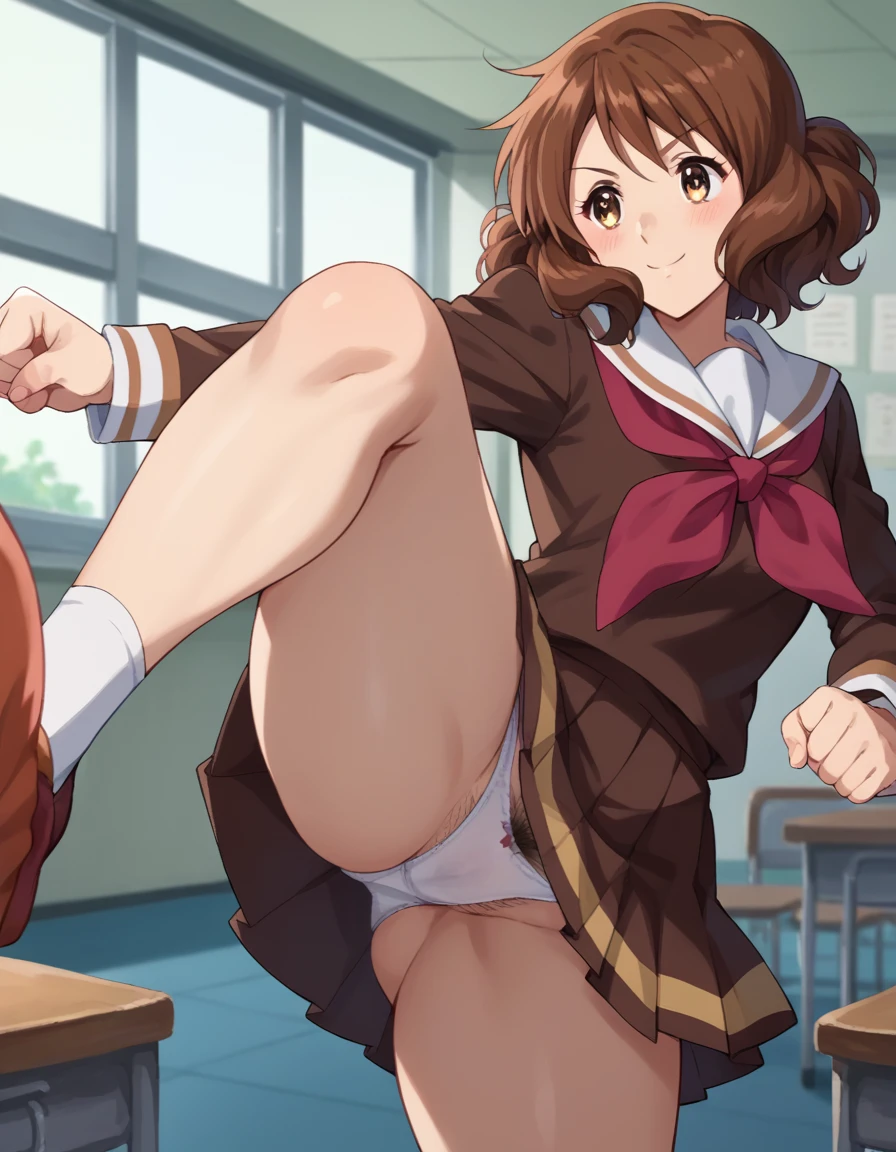 Highest quality, High resolution, masterpiece, (Beautiful Eyes), (Fine grain), Detailed face, kumiko oumae, Brown eyes, Brown Hair, short hair, Wavy Hair, smile, blush, skirt, shirt, Long sleeve, , pleated skirt, neckerchief, brown skirt, whiteいセーラーカラー, brown shirt, Kitauji High , red neckerchief, indoor, classroom, Chair, machine, (Panties丸見え:1.5), (Wide pelvis:1.5), (white_Panties:1.5), (Thick thighs), (Pubic hair sticking out:1.5), (Kick the boy in the head:1.5), nsfw