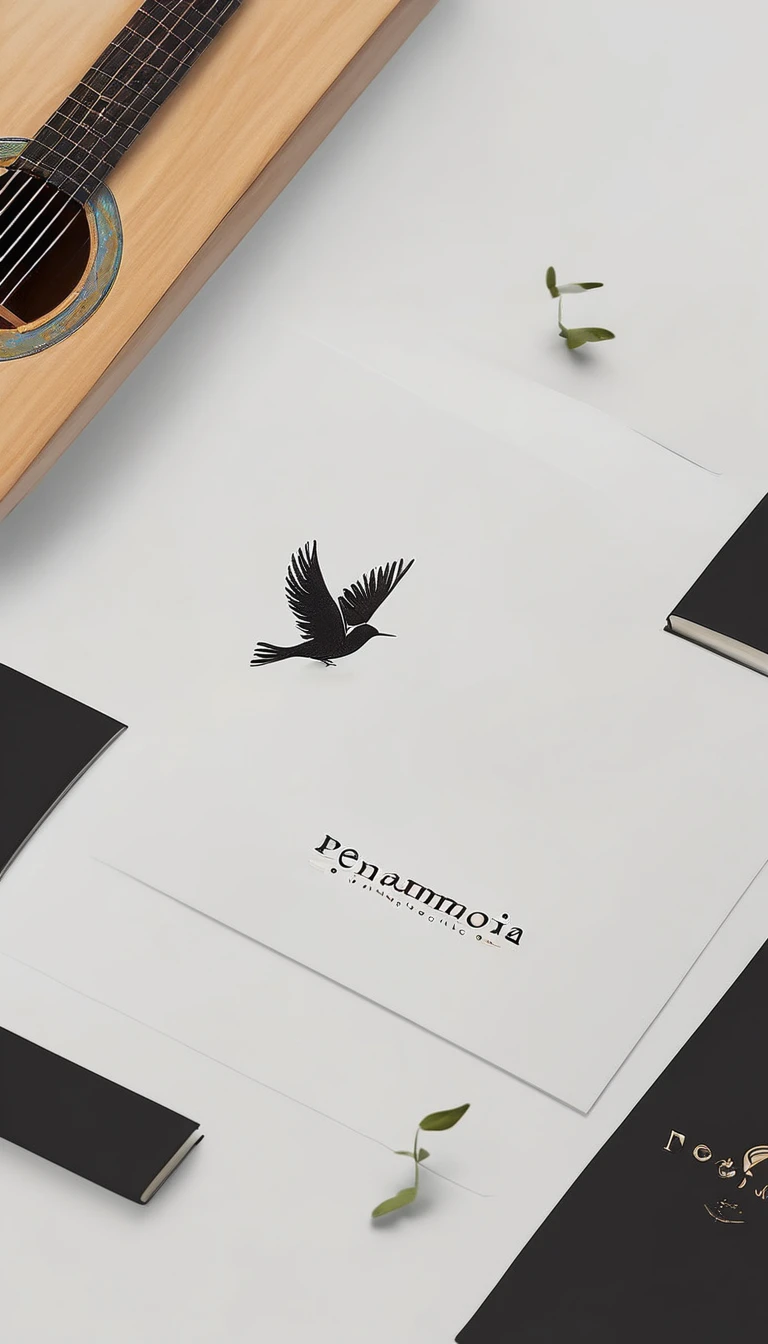 A minimal, modern, simple, cinematic logotype for the brand “Penamemoria". The logotype must be a simple, magical feather and a boy playing acoustic guitar. The logo must convey a sense of music, stories and dreams. Logo design impressed on a book cover. Minimalistic logo
