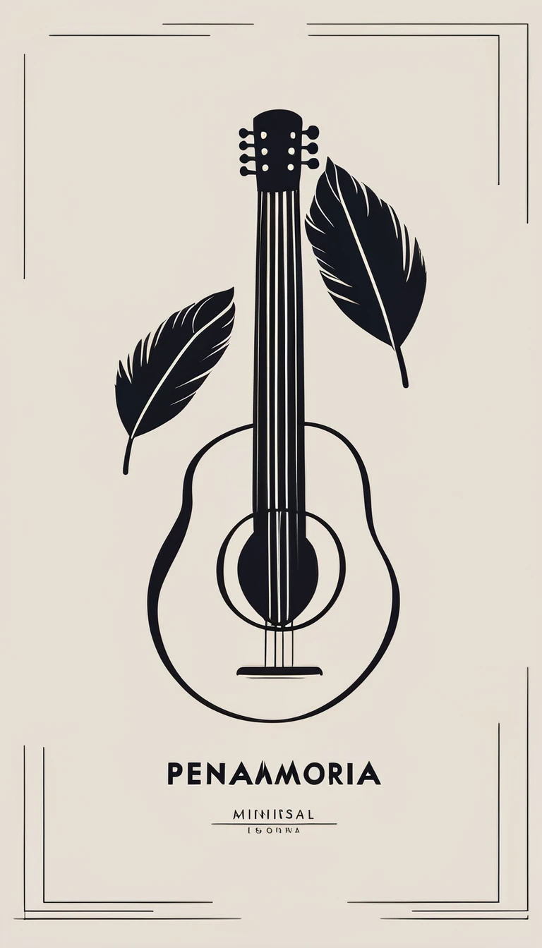 A minimal, modern, simple, cinematic logotype for the brand “Penamemoria". The logotype must be a simple, magical feather and a boy playing acoustic guitar. The logo must convey a sense of music, stories and dreams. Logo design impressed on a book cover. Minimalistic logo

