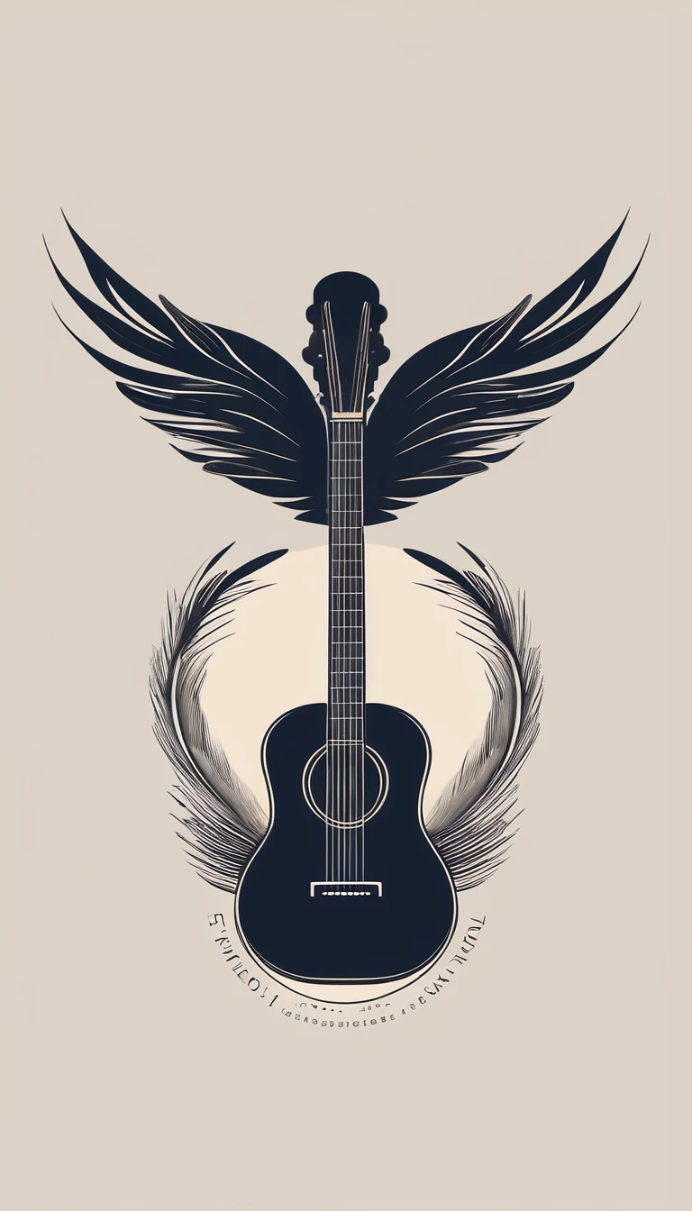 A minimal, modern, simple, cinematic logotype for the brand “Penamemoria". The logotype must be a simple, magical feather and a boy playing acoustic guitar. The logo must convey a sense of music, stories and dreams. Logo design impressed on a book cover. Minimalistic logo
