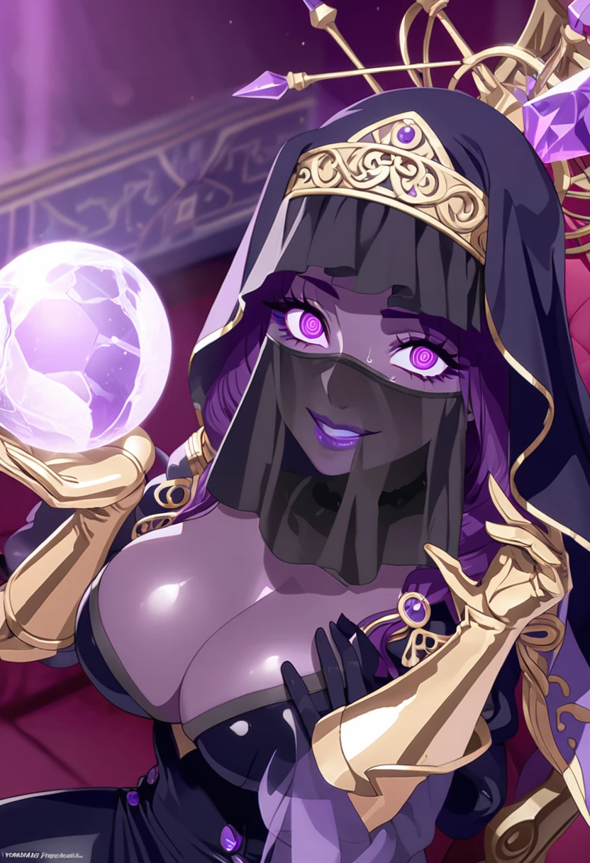 1 mature woman,(Detailed Description,Incredibly absurd,High resolution,8k wallpaper,masterpiece,Highest quality,Depth of region,Anatomically accurate depiction,A face with attention to detail, Eye for detail,Perfect body,Two lovely hands, Five perfect fingers),(Glowing Skin,Shiny skin),(Glowing Skin,Shiny skin,Oilskin),((Sexy fortune teller)),((Face Veil,Mouth veil:1)),(A thin cloth to cover the face),(Luxurious accessories,Long gloves,Sexy Costumes,See-through),eyelash,Sweat,(Glowing purple eyes,Crazy Eyes,There is cleavage in the chest,Bewitching Smile,shiny purple lips,Lips are apart,),(From above:1.1),Sitting in a chair,(He thrusts the mysteriously glowing crystal ball forward.),background:Fortune Telling House,Mysterious atmosphere