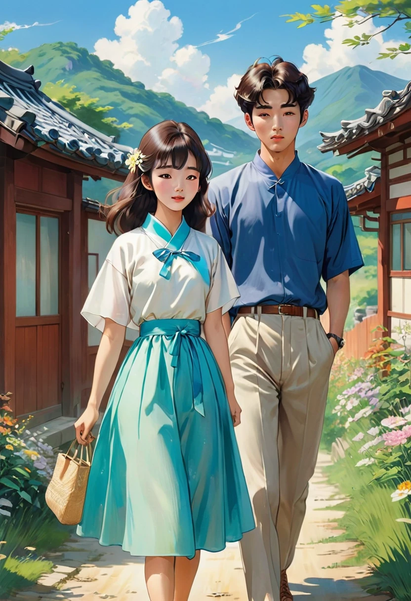 images or scene of young Korean adults 20ish both men and womenin 1960s Korea during the summer inKorean countryside almost studio Ghibli feel, Ghibli art style,art style, (cartoon-style bold line work:1.2), vibrant colors, cel shading up close art style of animes during a very classic traditional S korean summertime very Korean bright vivid brilliant very vivid detailing of very 1960s Korea Summer like korean dress and1960s style fashions very korean people more males kinda korean manhwas anime feel