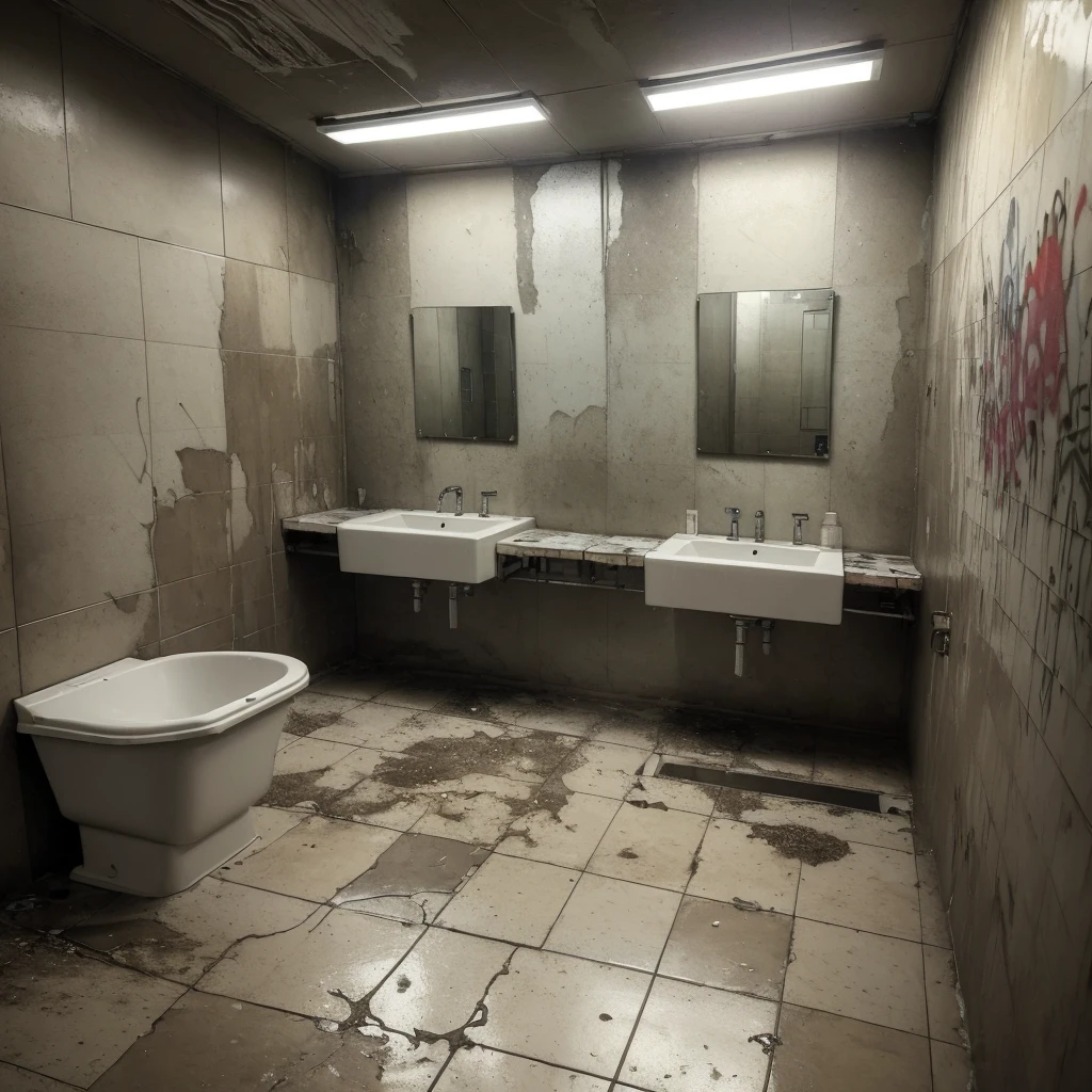 (masterpiece, high resolution, photorealistic:1.3), dirty public bathroom, (grimy tiled floors:1.2), cracked mirrors, stained sinks, overflowing trash cans, (graffiti-covered walls:1.1), broken stalls, dim fluorescent lighting, damp and humid atmosphere, scattered paper towels, flickering lights, detailed textures, unhygienic conditions, somber mood.
