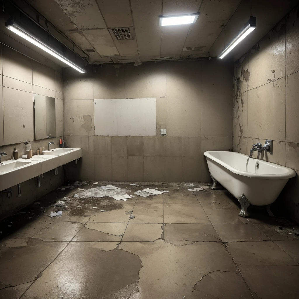 (masterpiece, high resolution, photorealistic:1.3), dirty public bathroom, (grimy tiled floors:1.2), cracked mirrors, stained sinks, overflowing trash cans, (graffiti-covered walls:1.1), broken stalls, dim fluorescent lighting, damp and humid atmosphere, scattered paper towels, flickering lights, detailed textures, unhygienic conditions, somber mood.