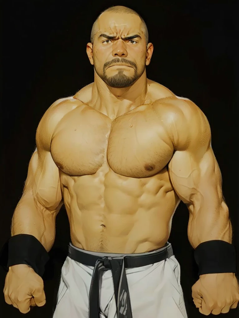 Shirtless and wearing white pants、A 40-year-old shirtless Japanese karateka with a black belt and moustache stands in a dimly lit dojo,Put your back against the wall,Oblique front view from the waist up,Sweating profusely,Open your mouth wide in pain,A fierce look,Expression distorted in pain,Open the chest,drooling, Pathological look,black belt,put back on the wall,put bottom on the wall,Put your hands in your pockets,Thin arms,Shaved Head,shirtless