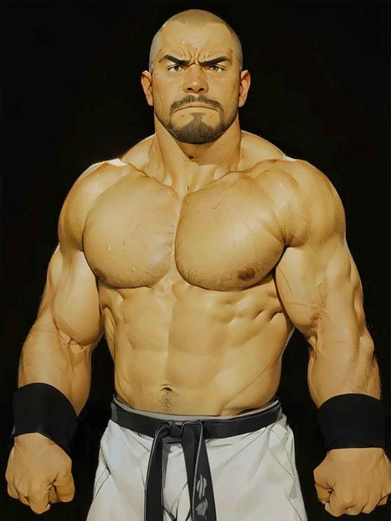 Shirtless and wearing white pants、A 40-year-old shirtless Japanese karateka with a black belt and moustache stands in a dimly lit dojo,Put your back against the wall,Oblique front view from the waist up,Sweating profusely,Open your mouth wide in pain,A fierce look,Expression distorted in pain,Open the chest,drooling, Pathological look,black belt,put back on the wall,put bottom on the wall,Put your hands in your pockets,Thin arms,Shaved Head,shirtless