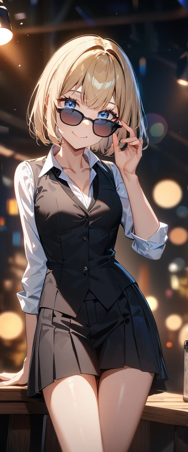 (((One girl))), blond hair, bob cut, (cowboy shot), ((sunglasses, hand to sunglasses)), (looking at viewer), face in focus, teenager, head tilt:1.3, (((blue eye))), ((happy smile)), ((blush)), contrapposto, one hand on hip, (((open clothing))), school summer uniform, (((open collar))), white shirts, ((black tie under the waistcoat)), skirt, black waistcoat, anime style, (best quality, 4k, 8k, highres, masterpiece:1.2, ultra-detailed, ultra-detailed eyes, HDR, UHD, studio lighting, ultra-fine painting, sharp focus, physically-based rendering, extreme detail description, professional, vivid colors, bokeh)