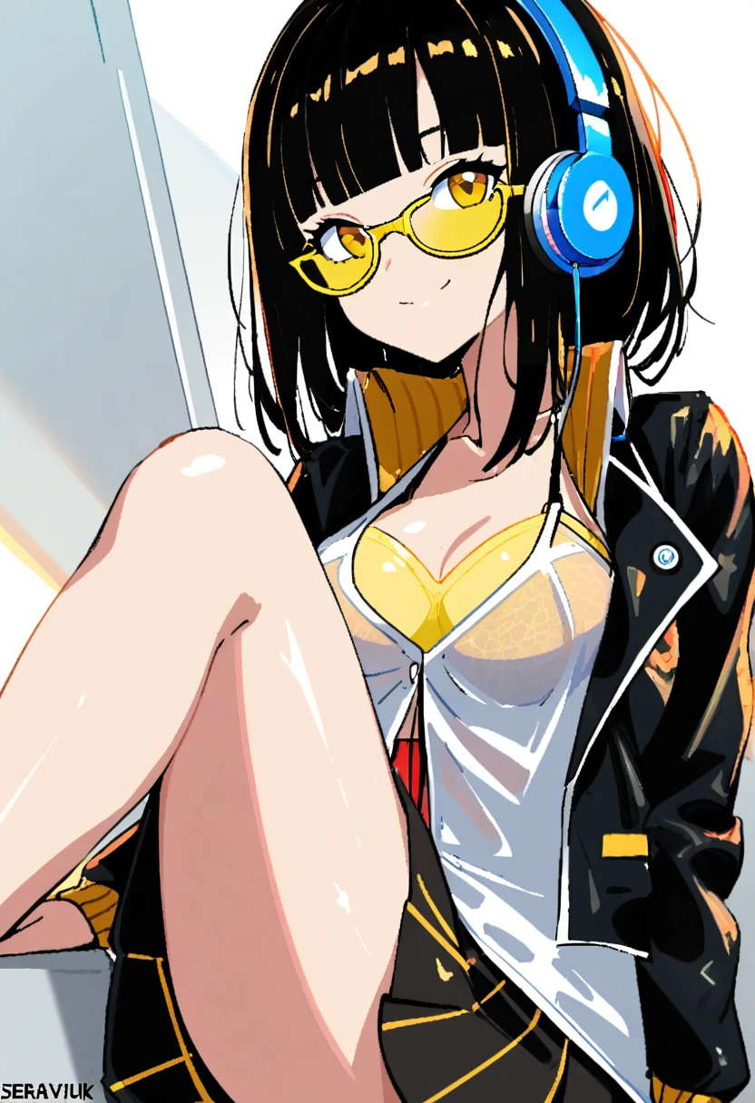 1 girl, smile, (((yellow glasses:1.3))), (headphone:1.2), shiny hair, black short hair, blunt bangs, shirt, skirt, (small) chiralism, Japan high school , seravuk, summer clothes, squall-wet uniform, sheer bra, (portrait from knee up),