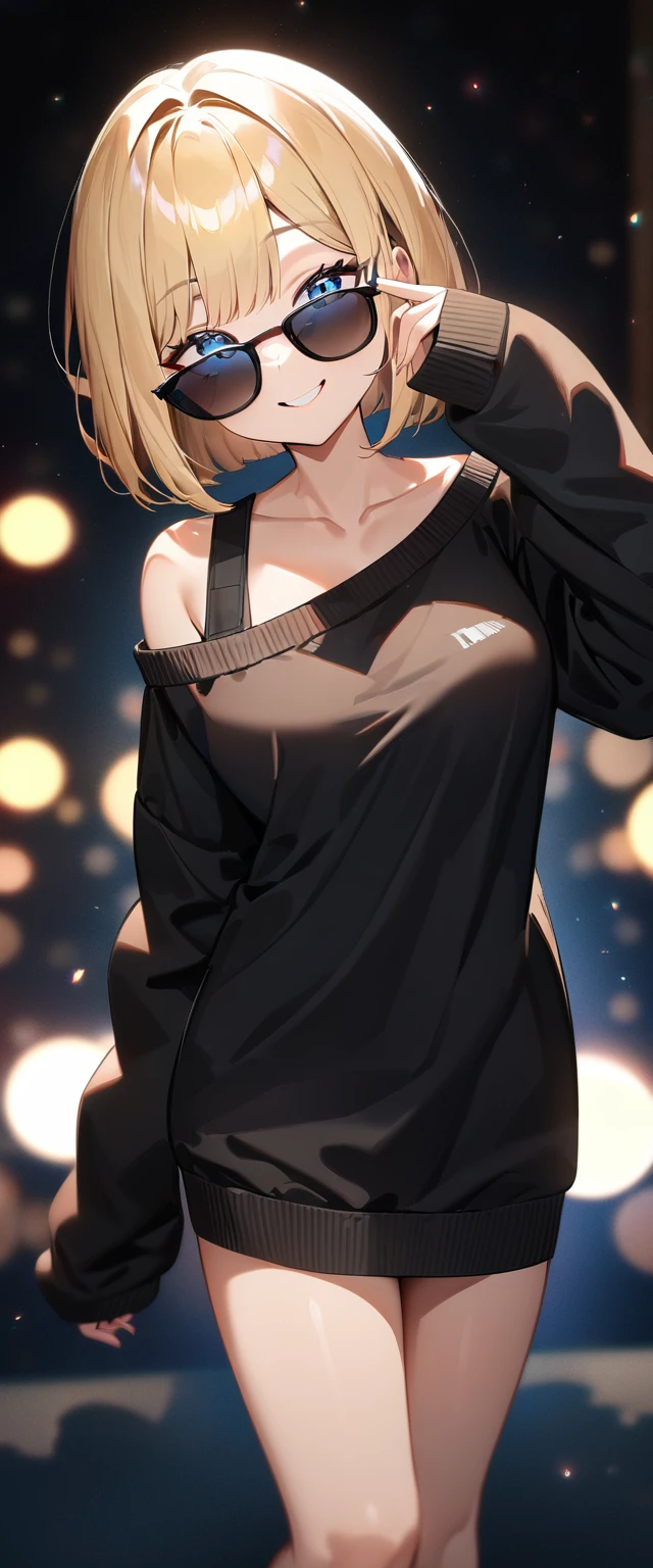 (((One girl))), blond hair, ((sunglasses, hand to sunglasses)), ((bob cut:1.3)), breasts, cleavage, (cowboy shot), standard body, (looking at viewer), oversized clothes, puffy long sleeves, collarbone, ((off-shoulder knit sweater dress:1.3, Quite thick shoulder straps)), (((sleeves past wrists:1.3))), ((black sweater)), teenager, head tilt:1.3, (((blue eye))), ((happy smile)), (((anime style))), (best quality, 4k, 8k, highres, masterpiece:1.2, ultra-detailed, ultra-detailed eyes, HDR, UHD, studio lighting, ultra-fine painting, sharp focus, physically-based rendering, extreme detail description, professional, vivid colors, bokeh), ((Highest quality, Best image quality, Ultra-high resolution, Ultra-high resolution, solo, Strong eye highlights)), Depth of written boundary, Natural soft light, attractive, Beautiful Face, Cleanliness, Pure Face, nedium chest, Beautiful Face, Perfect Fingers, Perfect hands, Perfect body, Perfect Face, Shine a light into your eyes, Perfect Anatomy
