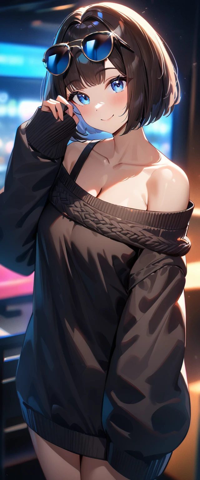 (((One girl))), blond hair, ((sunglasses, hand to sunglasses)), ((one hand on hip)), (bob cut:1.3)), breasts, cleavage, (cowboy shot), standard body, (looking at viewer), oversized clothes, puffy long sleeves, collarbone, ((off-shoulder sweater dress:1.3, Quite thick shoulder straps)), (((sleeves past wrists:1.3))), ((black knit)), ager, head tilt:1.3, (((blue eye))), ((happy smile)), (((anime style))), (best quality, 4k, 8k, highres, masterpiece:1.2, ultra-detailed, ultra-detailed eyes, HDR, UHD, studio lighting, ultra-fine painting, sharp focus, physically-based rendering, extreme detail description, professional, vivid colors, bokeh), ((Highest quality, Best image quality, Ultra-high resolution, Ultra-high resolution, solo, Strong eye highlights)), Depth of written boundary, Natural soft light, attractive, Beautiful Face, Cleanliness, Pure Face, nedium chest, Beautiful Face, Perfect Fingers, Perfect hands, Perfect body, Perfect Face, Shine a light into your eyes, Perfect Anatomy