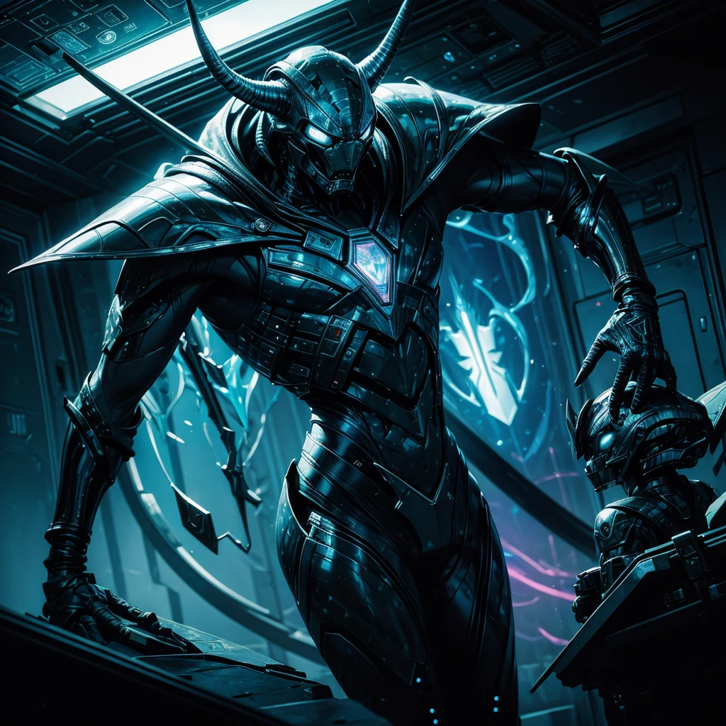 sleep paralysis of an Yautja alien , his camouflaged image looks like a gitching hologram, his sword and shield shine with iridescent glow, Mondrian's art of succinct in his spaceship, lack of gravity phenomenon.