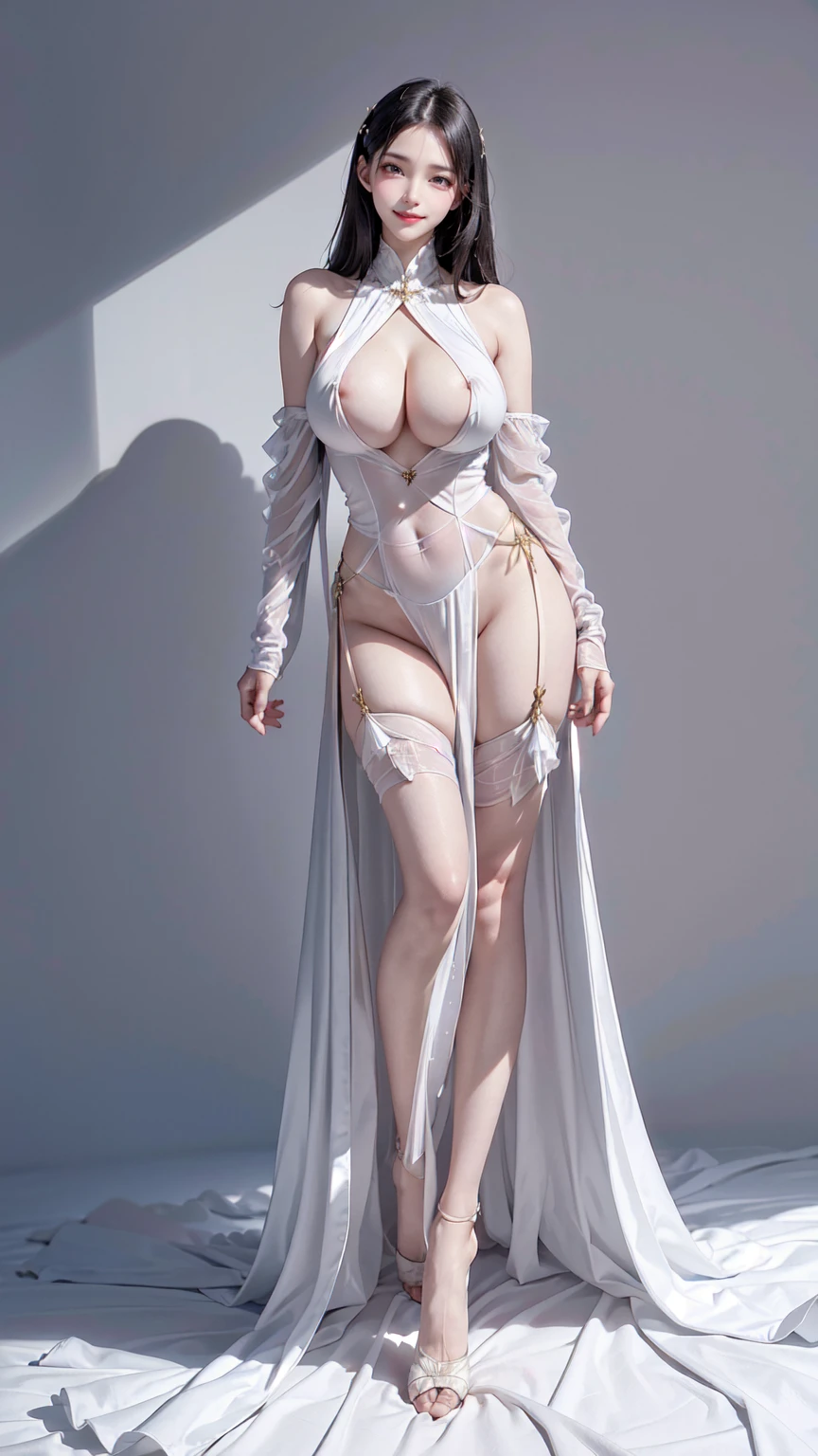 see through clothes(Full body female love:1.3),best quality, masterpiece, ultra high resolution, (lifelike:1.4), original photo, 1 female,18 years old, black hair, big eyes, Detailed eyes and face,huge breasts,split,long legs,Belted robe open ,bare shoulder,no underwear:1.5,see through clothes,Hollow material white clothes, bedroom, Smile、sleeveless costume、Extremely revealing clothing、((A young but sexually attractive girl)), Seductive pose, (camel toe), A thin body with big and ass、Beautiful clavicle、A pose in which the upper body is bent forward to accentuate the cleavage、super erotic