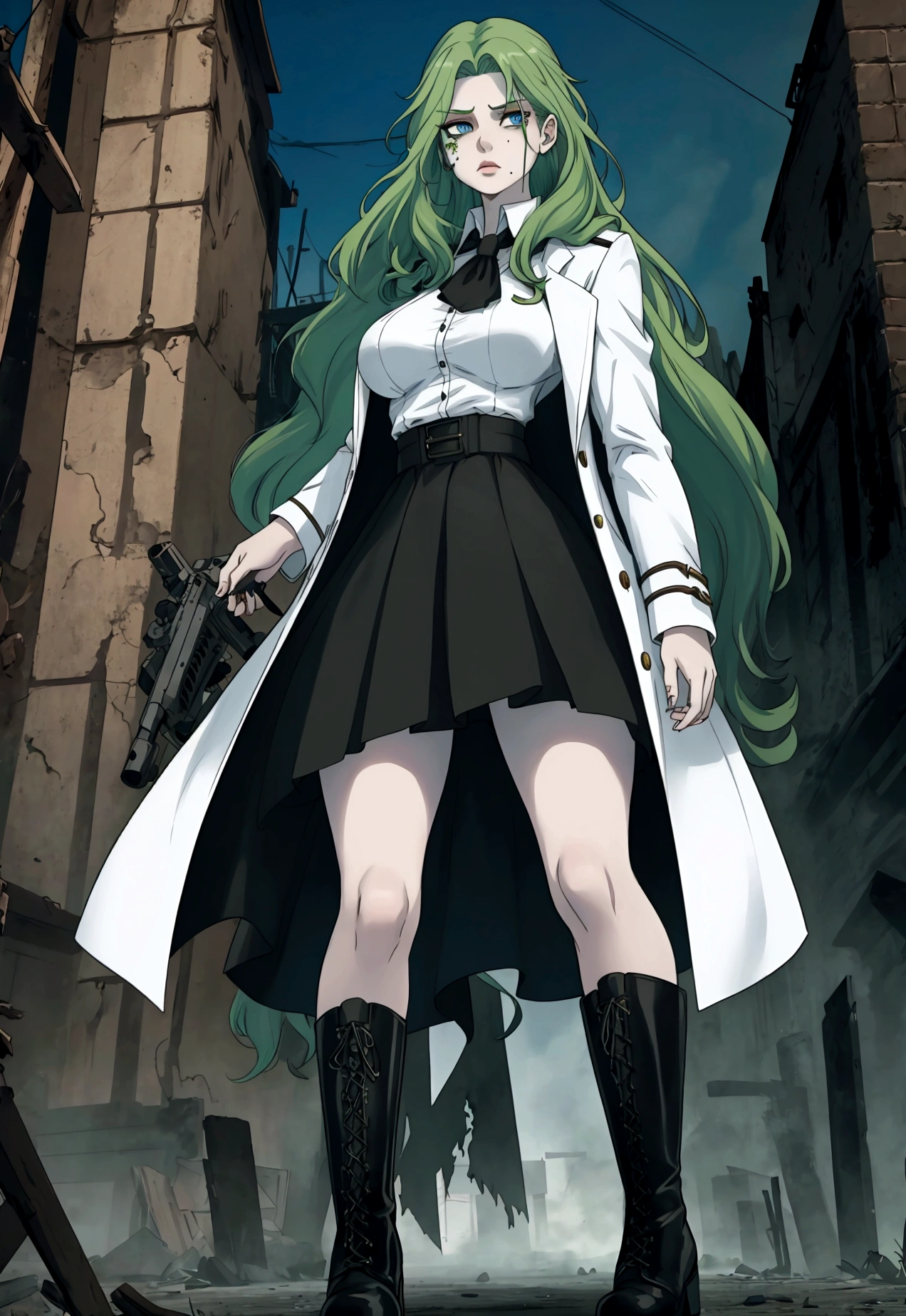 Girl with long green hair down to her knees, light blue eyes, White skin, small mole on your right cheekbone, big breasts, thin waist, big hips, white blouse, brown jacket, black skirt , military style boots, escaping in a zombie apocalypse.