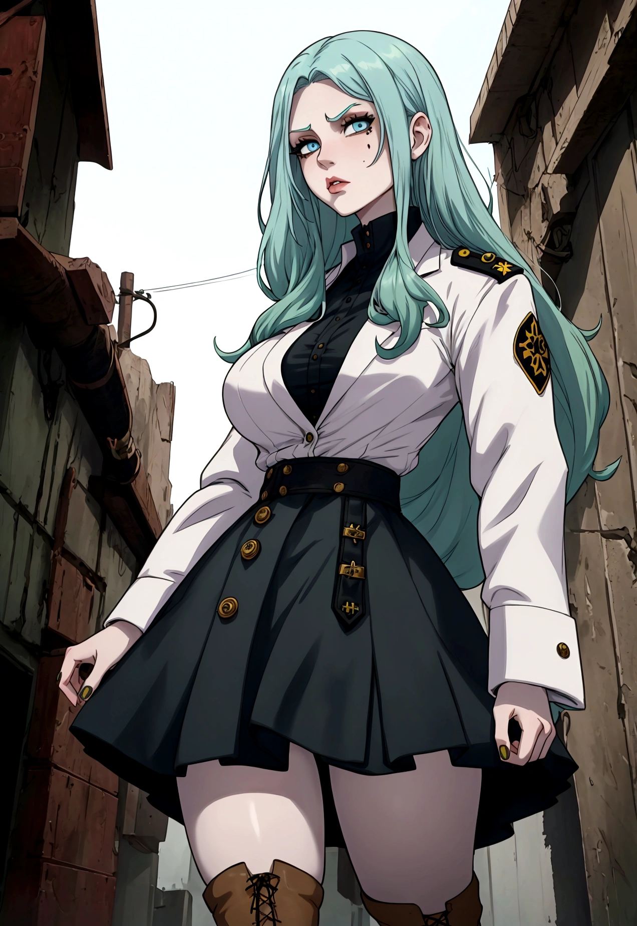 Girl with long green hair down to her knees, light blue eyes, White skin, small mole on your right cheekbone, big breasts, thin waist, big hips, white blouse, brown jacket, black skirt , military style boots, escaping in a zombie apocalypse.
