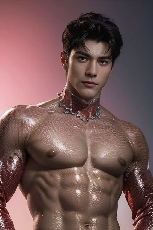 3d, HDR quarter body photorealistic ultra realism high definition aesthetic stabilized diffusion picture of handsome hunky fractal clean shaven King of hearts, in ruby red transparent sparkling shiny crystal glass chrome outfit,,look at camera, detailed facial parts,, studio as background, Freestyle Pose, Happy Expression, perfect anatomy, symmetric body,, 18 years old, high detail, a lean athletic body, realistic, human skin, extremely detailed fingers, chad chin,, masculine, human skin, (eyes contact), gorgeous, Attractiveness