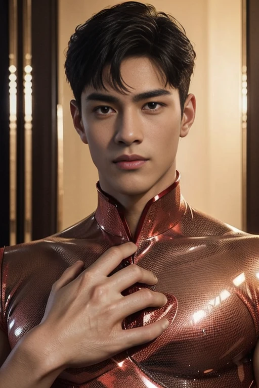 3d, HDR quarter body photorealistic ultra realism high definition aesthetic stabilized diffusion picture of handsome hunky fractal clean shaven King of hearts, in ruby red transparent sparkling shiny crystal glass chrome outfit,,look at camera, detailed facial parts,, studio as background, Freestyle Pose, Happy Expression, perfect anatomy, symmetric body,, 18 years old, high detail, a lean athletic body, realistic, human skin, extremely detailed fingers, chad chin,, masculine, human skin, (eyes contact), gorgeous, Attractiveness