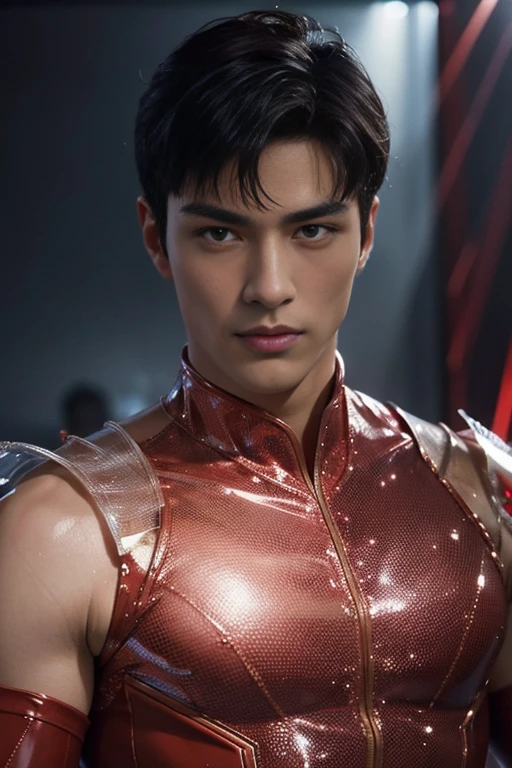 3d, HDR quarter body photorealistic ultra realism high definition aesthetic stabilized diffusion picture of handsome hunky fractal clean shaven King of hearts, in ruby red transparent sparkling shiny crystal glass chrome outfit,,look at camera, detailed facial parts,, studio as background, Freestyle Pose, Happy Expression, perfect anatomy, symmetric body,, 18 years old, high detail, a lean athletic body, realistic, human skin, extremely detailed fingers, chad chin,, masculine, human skin, (eyes contact), gorgeous, Attractiveness