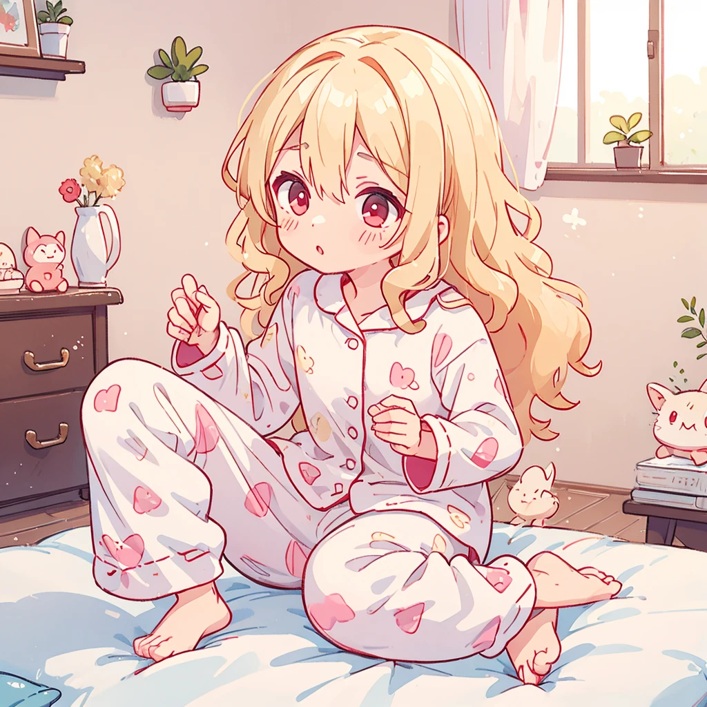 Blonde、Wavy hair、Red eyes、
pajamas、