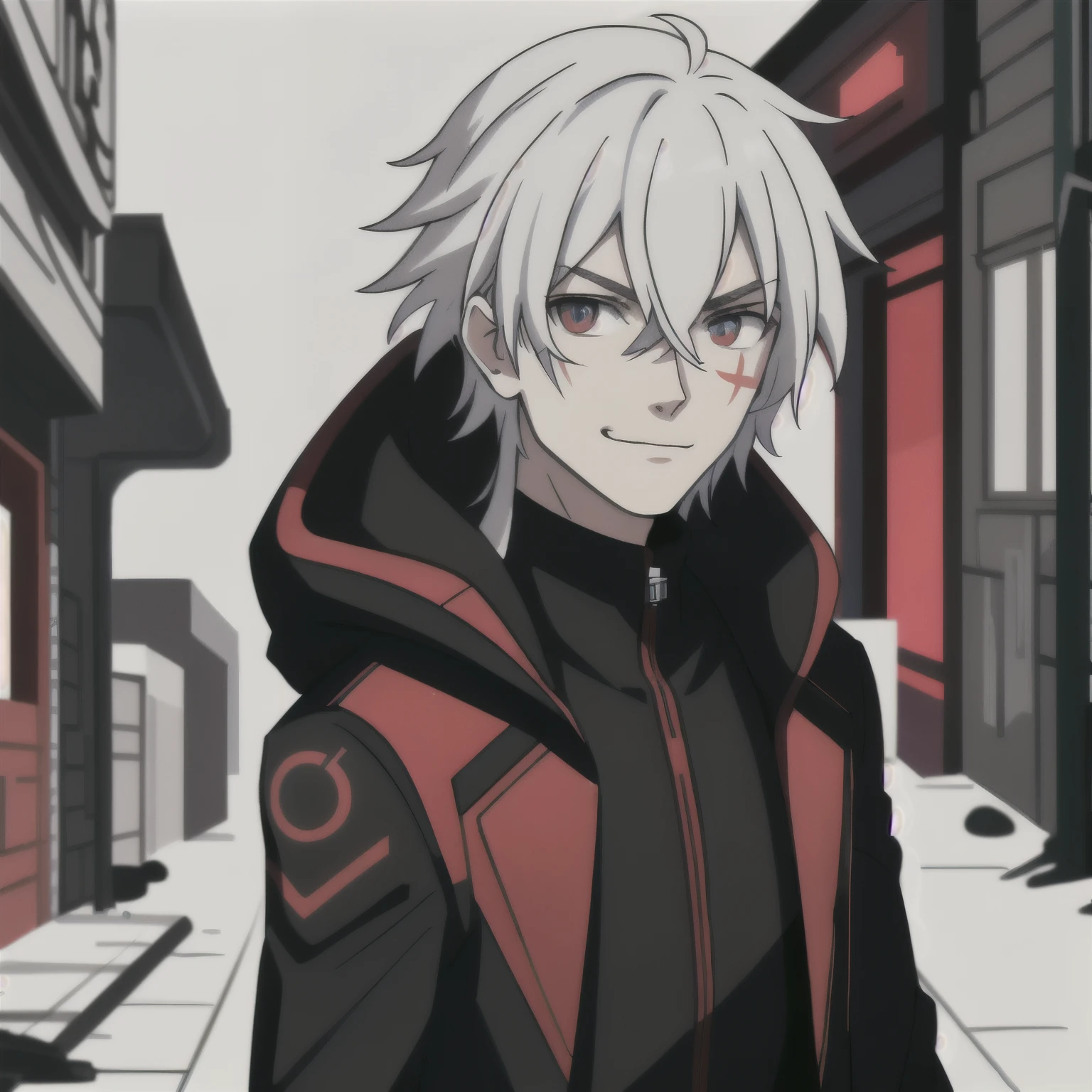 (high-quality, breathtaking),(expressive eyes, perfect face) portrait, Symmetrical Eyes, 1boy, male, teenager, solo, looking at viewer, portrait, simple background, white background, apocalyptic theme, ruined city buildings, alleyway, allen walker, red eye color, white hair, scar, facial mark, halfbody shot, medium hair length, shoulder length hair, confident expression, charming, black and red jacket, hood, red trim, smirk, cyberpunk clothing, Abzu
