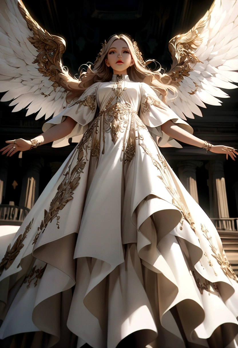 beautiful Angel, Wearing a gorgeous dress that covers the whole body, luxury gawn, Floating in the air, angel wings, angel ring, outdoor, detailed face, detailed eyes, detailed lips, detailed nose, full body shot from below