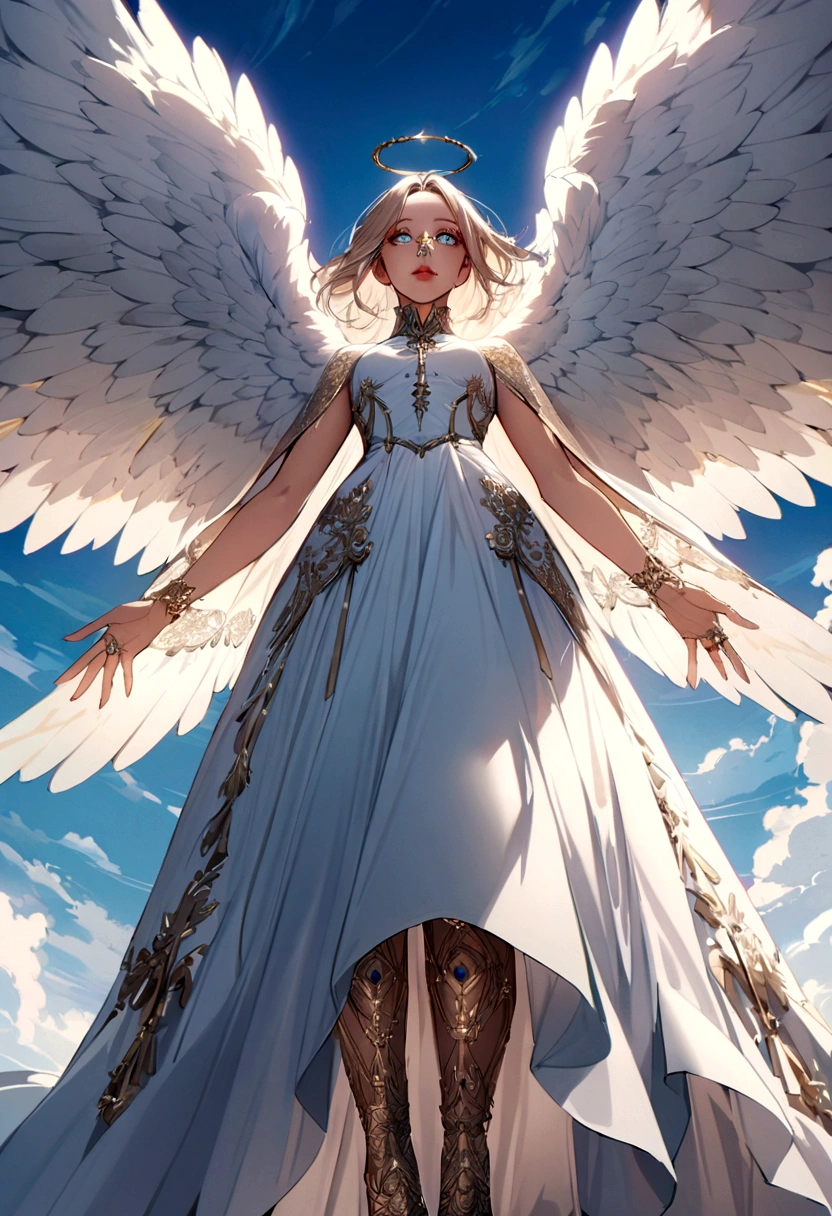 beautiful Angel, Wearing a gorgeous dress that covers the whole body, luxury gawn, Floating in the air, angel wings, angel ring, outdoor, detailed face, detailed eyes, detailed lips, detailed nose, full body shot from below