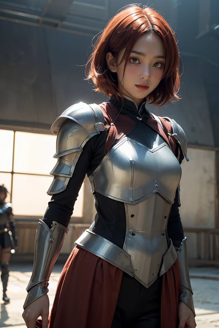 8k, best quality, highres, realistic, real person, A solitary warrior in a suspicious arena setting, without the demon lord. The warrior, lightly armored and with a sly smile, wields a large, ornately decorated axe. They have short red hair. The background is a mysterious and ominous arena, with a sense of danger and suspense. The lighting is dim and dramatic, enhancing the warrior's intense and cunning appearance.