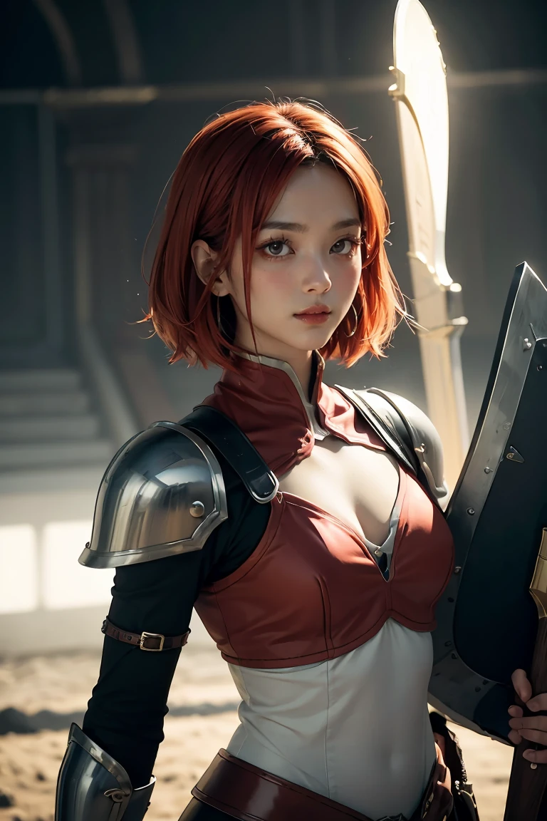 8k, best quality, highres, realistic, real person, A solitary warrior in a suspicious arena setting, without the demon lord. The warrior, lightly armored and with a sly smile, wields a large, ornately decorated axe. They have short red hair. The background is a mysterious and ominous arena, with a sense of danger and suspense. The lighting is dim and dramatic, enhancing the warrior's intense and cunning appearance.